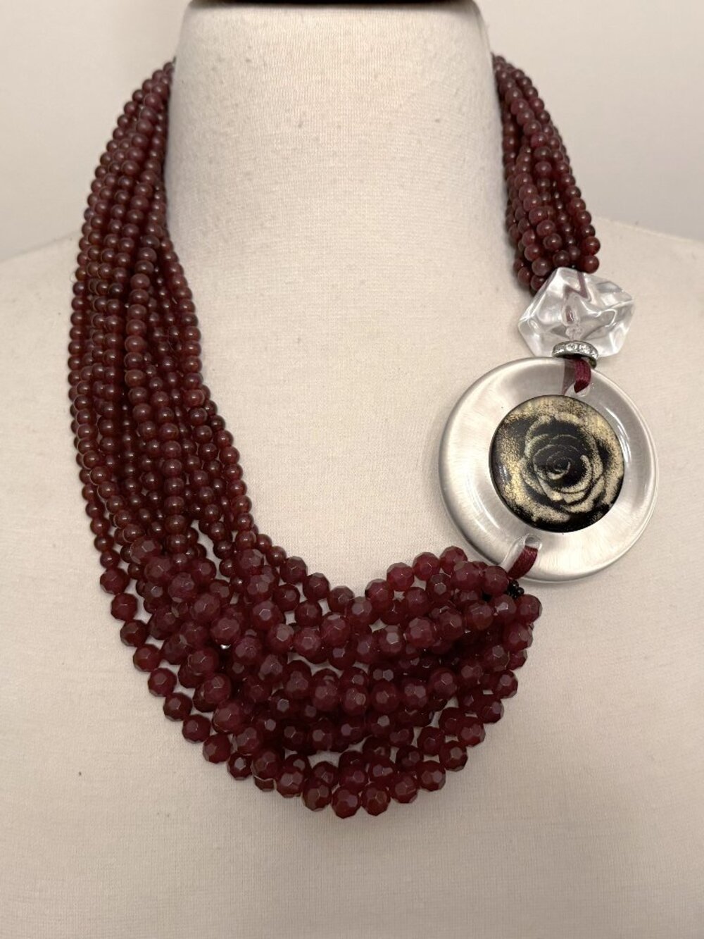 Angela Caputi Burgundy Resin & Clear Lucite Multi Strand Necklace